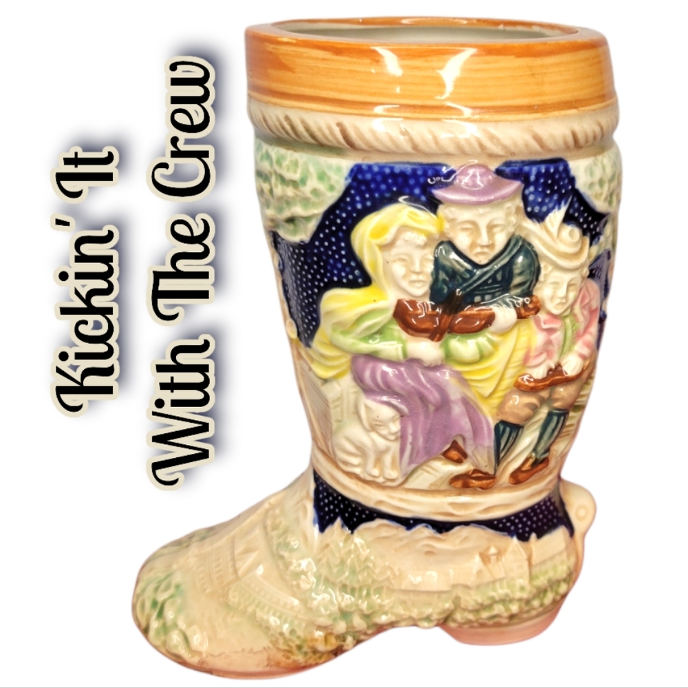Vintage Embossed German Type Boot, Decorative 3D Picture People & Dog Houses